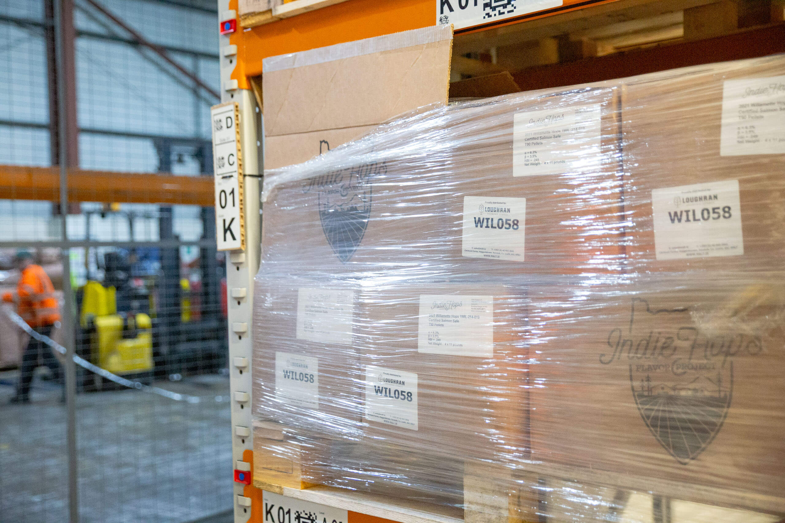 A box of Indie Hops T90 Hop Pellets in the Loughran Brewers Select cold storage warehouse