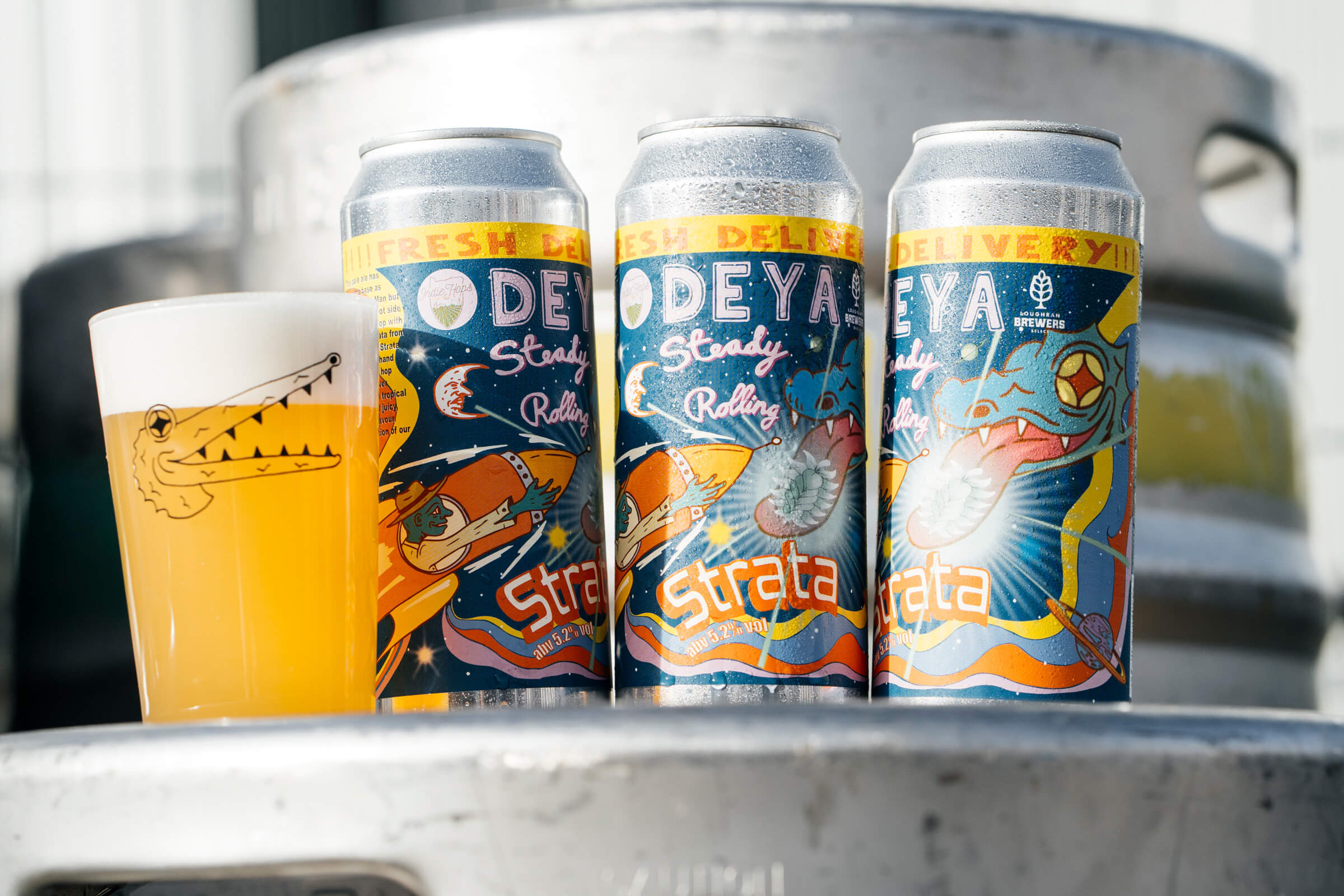 Cans of DEYA's annual special release 'Steady Rolling Strata featuring Indie Hops Strata.