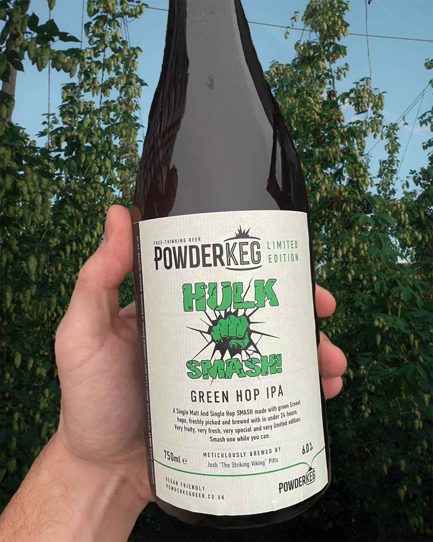 Hand holding a bottle of Powderkeg Hulk Smash Green Hop IPA in front of a field of UK hops.