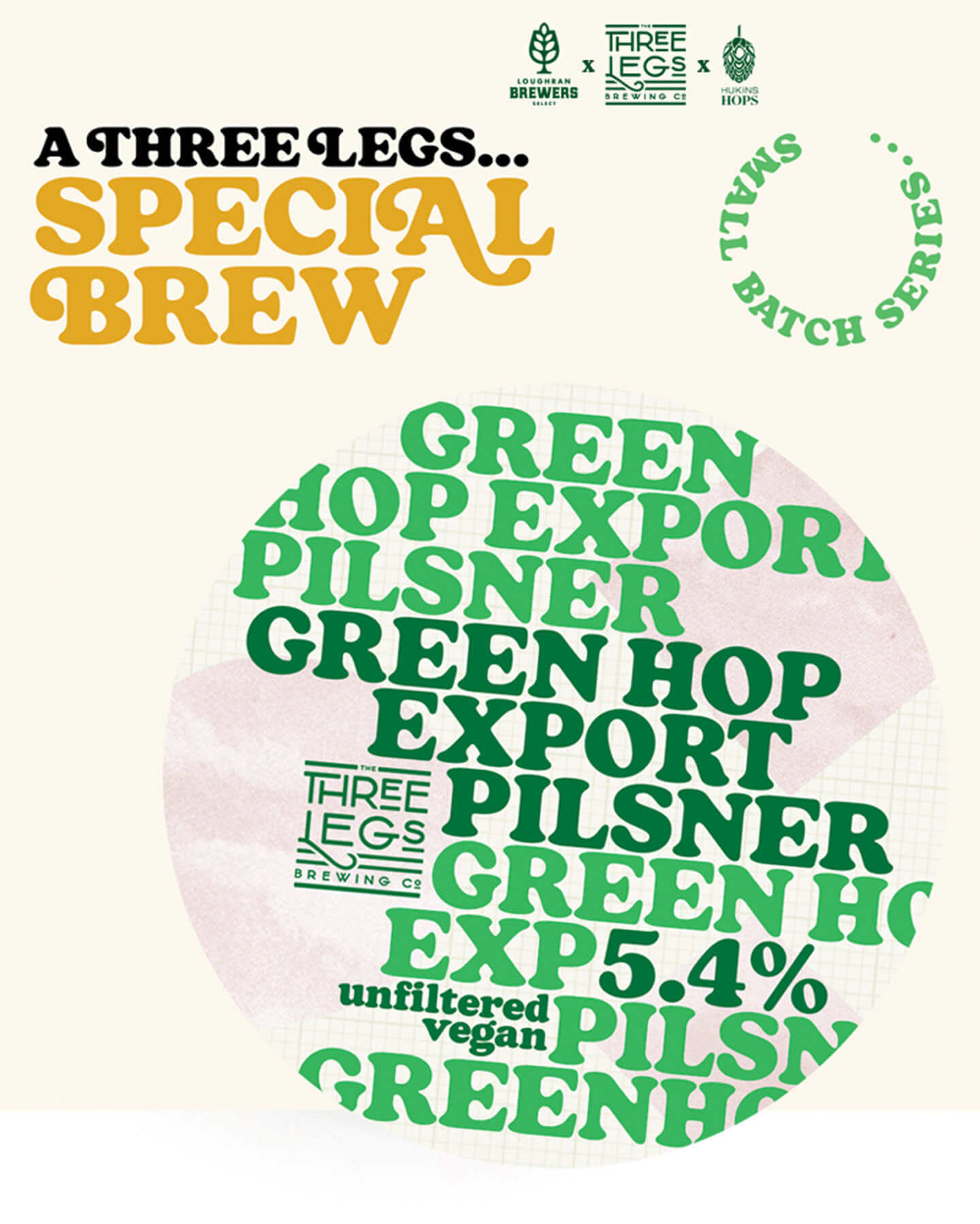 Tap badge for Three Legs Green Hop Export Pilsner with fresh Challenger hops.