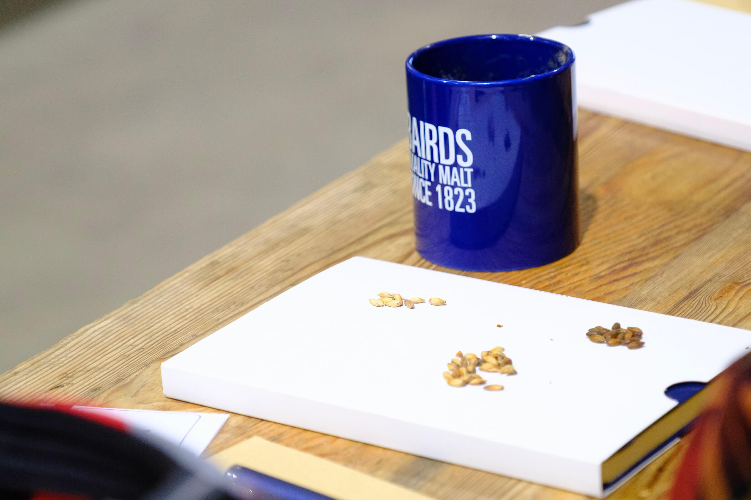 A pale ale malt, crystal and roast malt laid out for comparison on a notebook next to a Bairds Malt coffee mug.