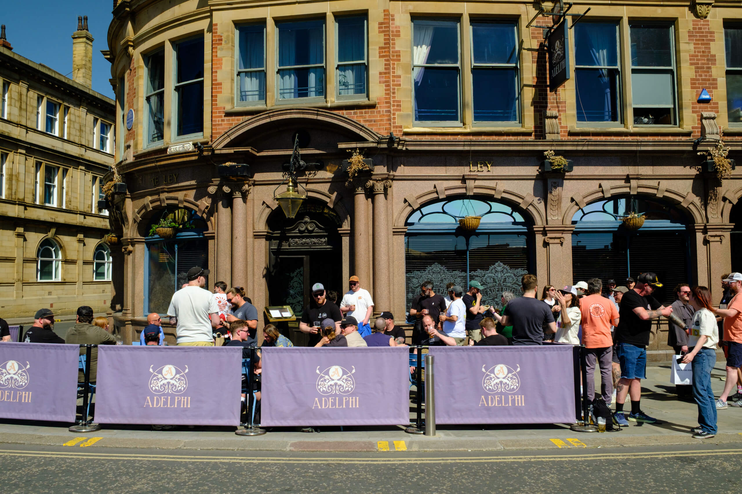 Group of brewers outside Adelphi pub in Leeds on Northern Monk x Loughran Brewers Select x Indie Hops 2025 Trade Day Pub Tour