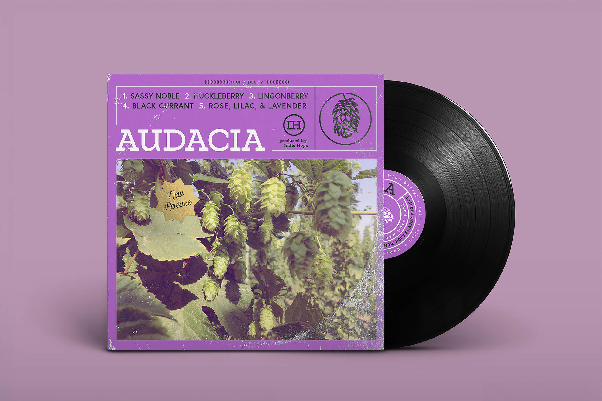 Indie Hops Audacia® vinyl album cover & hop flavour descriptors - sassy noble, blackcurrant, rose, lilac, lavender.