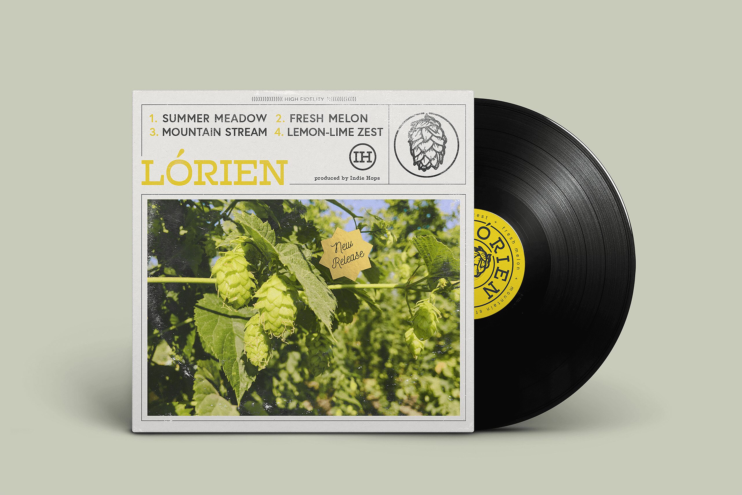 Indie Hops Lórien® vinyl album cover & hop flavour descriptors - summer meadow, fresh melon, mountain stream, lemon-lime zest