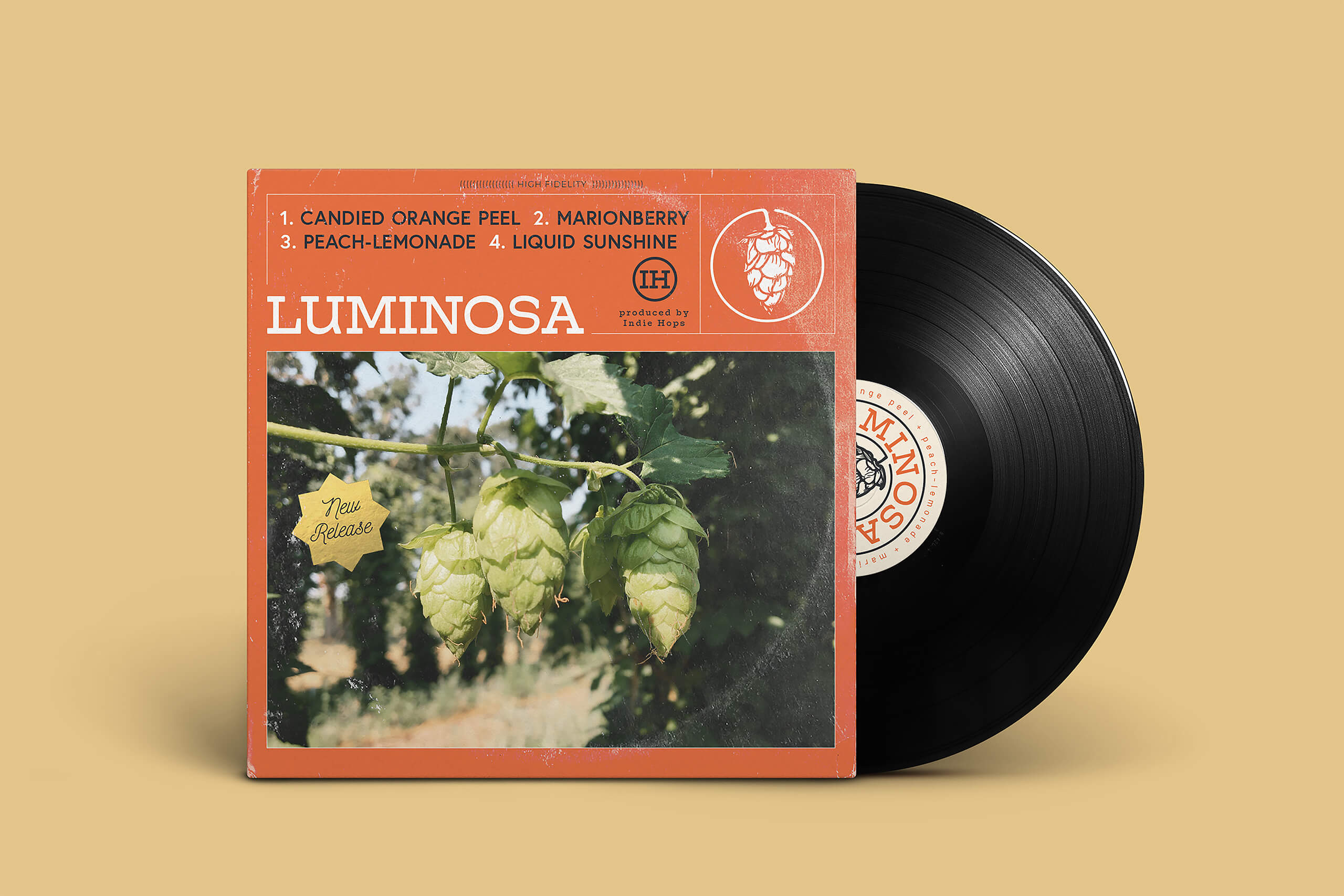Indie Hops Luminosa® stylised vinyl album cover with hop flavour descriptors - candied orange peel, peach-lemonade, liquid sunshine