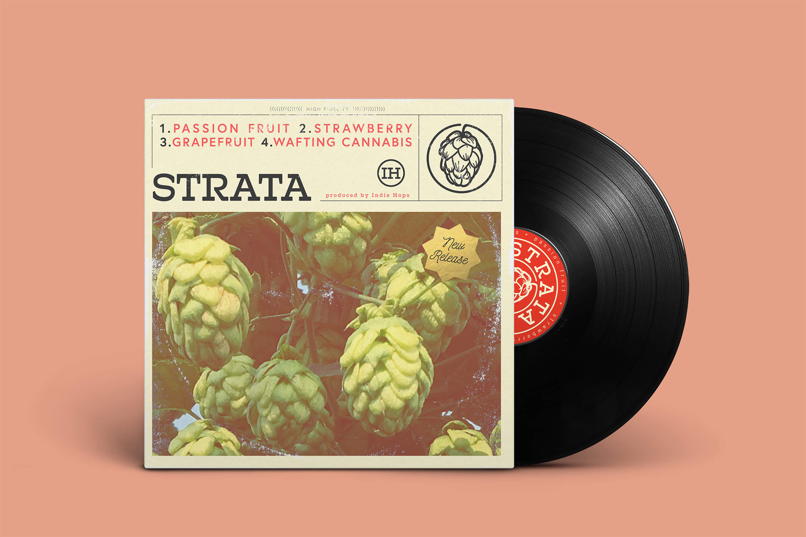 Indie Hops Strata® stylised vinyl album cover with hop flavour descriptors - passion fruit, strawberry, grapefruit, wafting cannabis